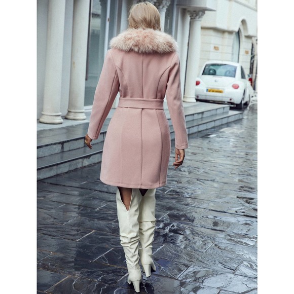 glam Contrast Fuzzy Collar Belted Overcoat pea coat peacoat pink  long line - Picture 2 of 9